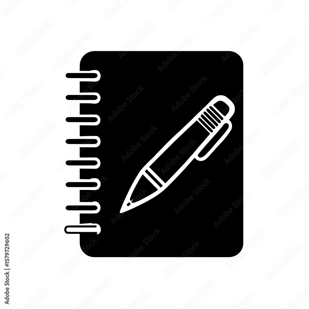Poster illustration of a spiral notebook with a pen resting diagonally across the front cover of the notebo