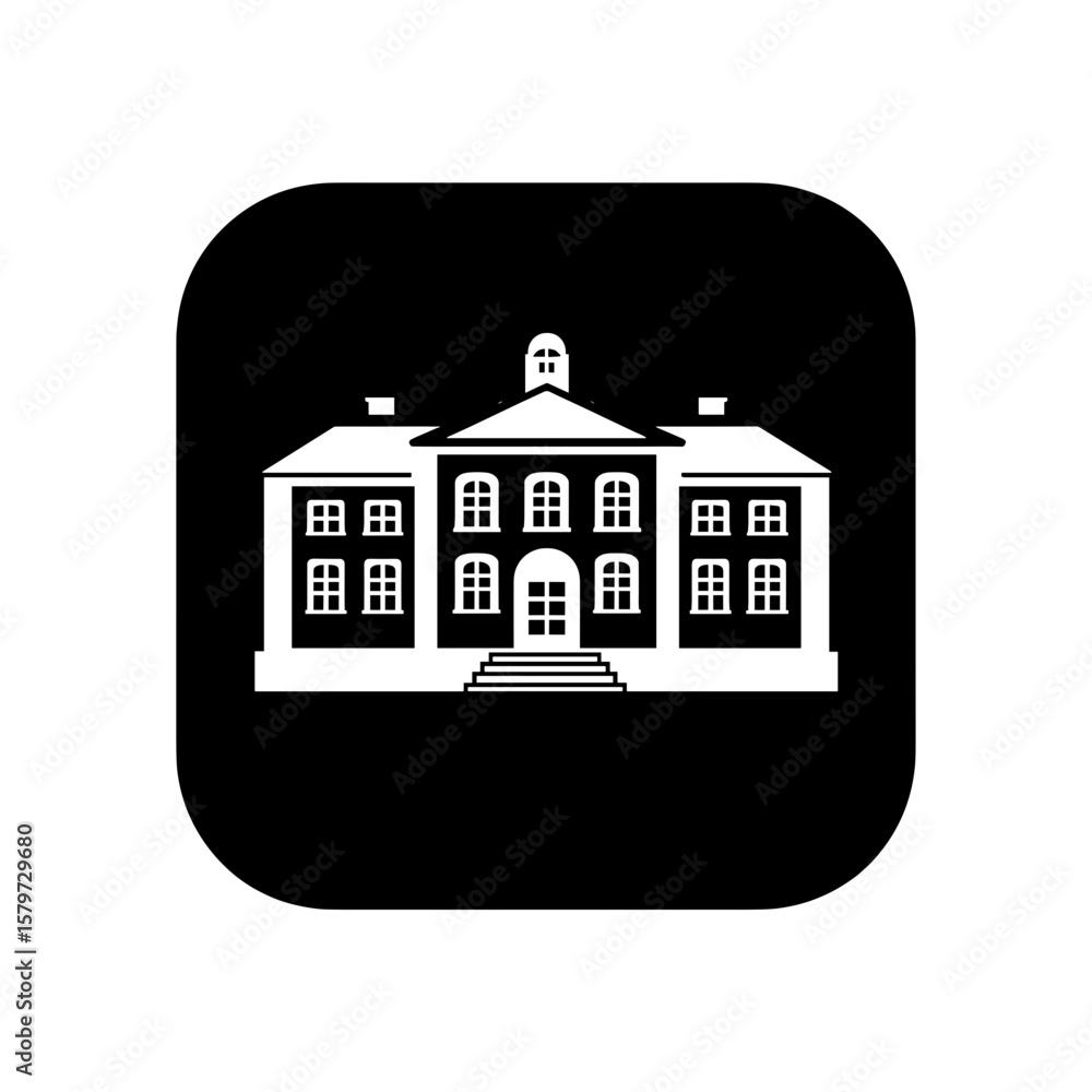 Poster illustration of a stately white building with many windows and a cupola on a rounded rectangle