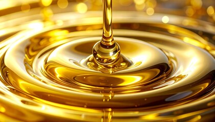 This close-up captures the continuous "anointing oil flow" of a thick, golden "oil" onto a smooth, reflective surface, emphasizing its texture and rich color