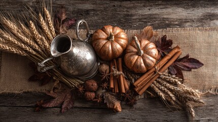 Flat lay of autumn centerpiece: dried wheat stalks, mini pumpkins, cinnamon sticks on burlap runner, vintage silver gravy boat, soft morning light 