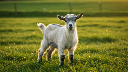 Obraz premium Young goat standing in a grassy field. Portrait of a baby goat grazing on green pasture at sunset.