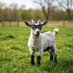 Obraz premium Young goat standing in a grassy field. Close up of a black and white baby goat looking at the camera.