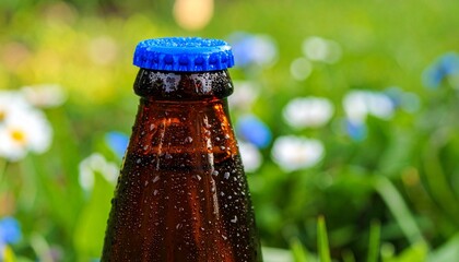 Close-up of a cold, wet amber glass bottle with a vibrant blue screw cap, covered in condensation droplets, suggesting a refreshing beverage or product