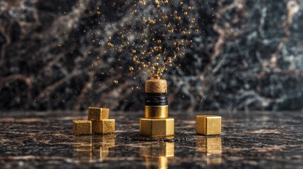 Macro shot of champagne cork popping, golden liquid splashing in ultra-slow motion, diamond ice cubes, black marble background, luxury product photography