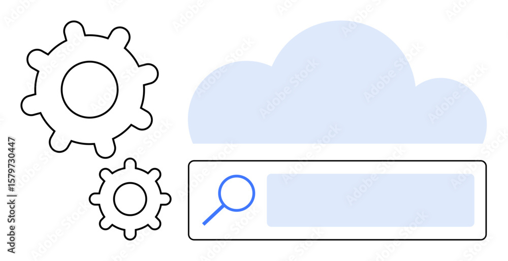 Poster cloud, two gears symbolizing optimization and technical processes, and a search bar with a magnifyin