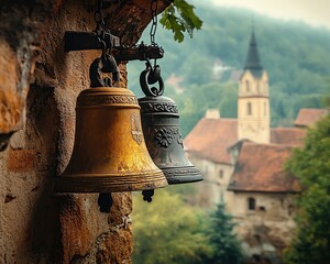 Obraz premium Historic bells overlooking a serene landscape.
