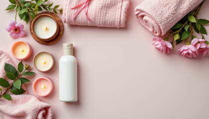 Relaxing spa setup featuring soft towels, candles, and floral elements, creating serene atmosphere for self care and pampering. Perfect for wellness and beauty routines