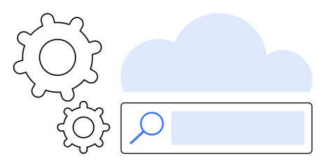 Cloud, two gears symbolizing optimization and technical processes, and a search bar with a magnifying glass. Ideal for technology, innovation, cloud service, optimization, process automation, system