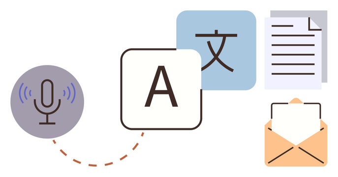 Microphone emitting signals, language icons, text document, and envelope conveying voice-to-text, translation, and communication. Ideal for language learning, global outreach, content creation tech