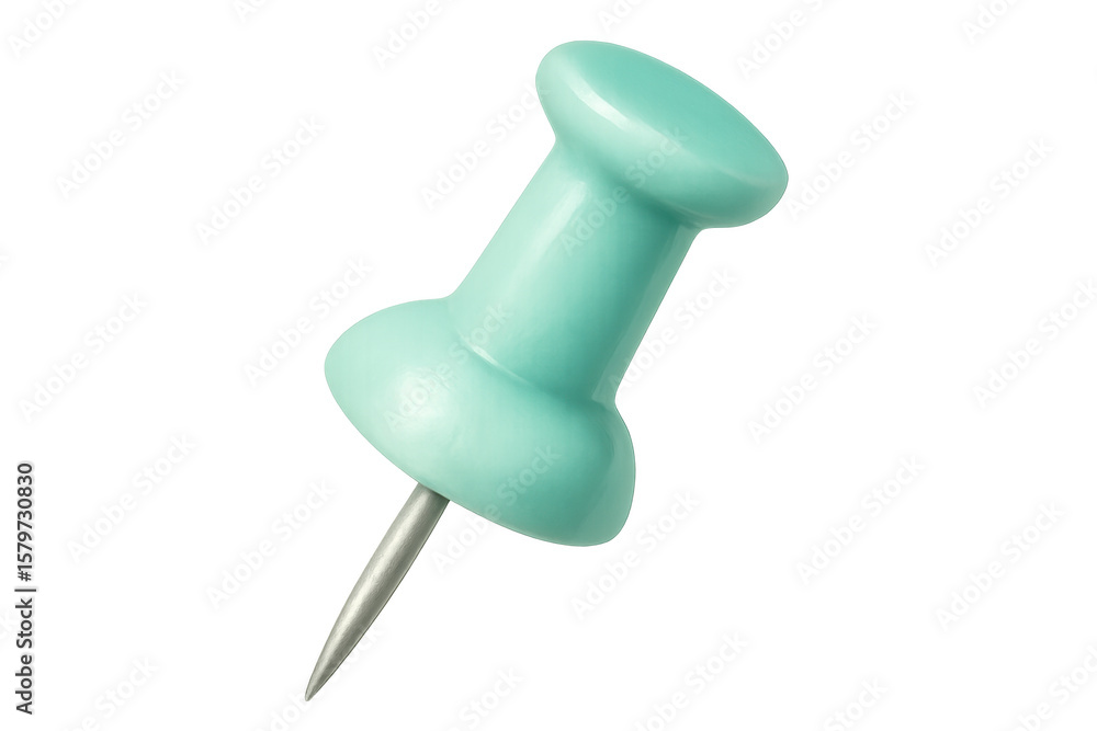 Poster close-up of a light green push pin isolated on a transparent background, ready for use in creative p