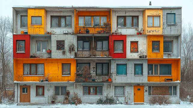 Colorful apartment building facade in winter urban setting