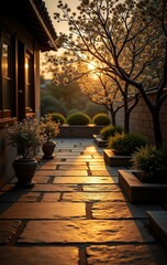 Fototapeta premium Courtyard Landscape Material, Stone Path, Greenery & Sunset Glow, for Cultural Tourism Promotion, Courtyard Design, Decorative Paintings, Healing Atmosphere Creation