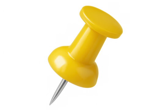 Shiny yellow push pin on a transparent background, perfect for adding a touch of color to office organization projects