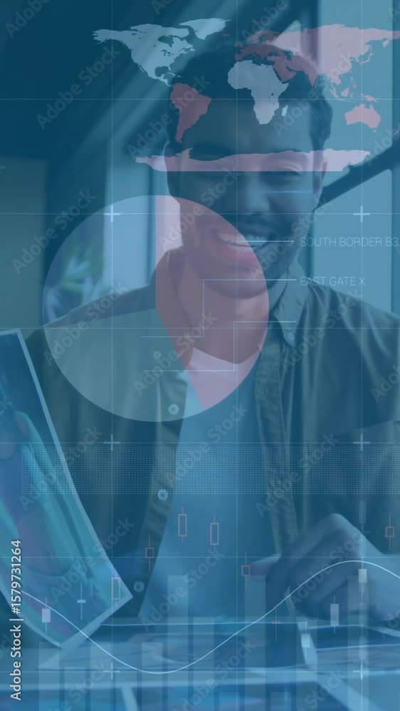 Poster Animation of diagrams and data processing over businessman having video call