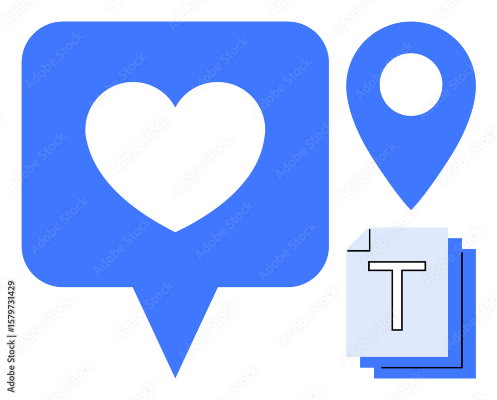 Poster heart inside chat bubble, stack of text documents, and a location pin. ideal for messaging, communic