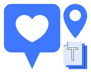 Heart inside chat bubble, stack of text documents, and a location pin. Ideal for messaging, communication, document sharing, location services, content creation, social media simple landing page