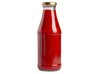 Glass bottle filled with red tomato ketchup sauce, Isolated On Transparent Background, Png