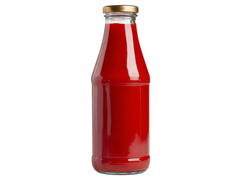 Glass bottle filled with red tomato ketchup sauce, Isolated On Transparent Background, Png