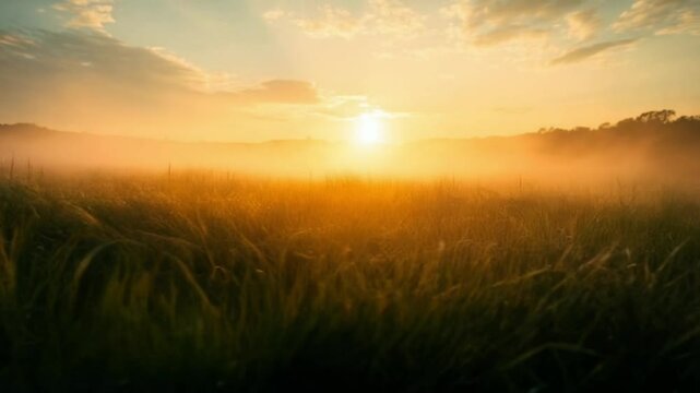 A field of tall grass illuminated by the warm glow of a rising sun in the early morning hours landscape video