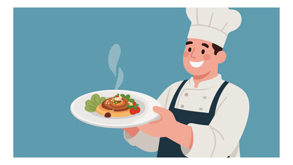 Cheerful chef presents an appetizing dish with artistic plating and garnish, showcasing culinary expertise and attention to detail