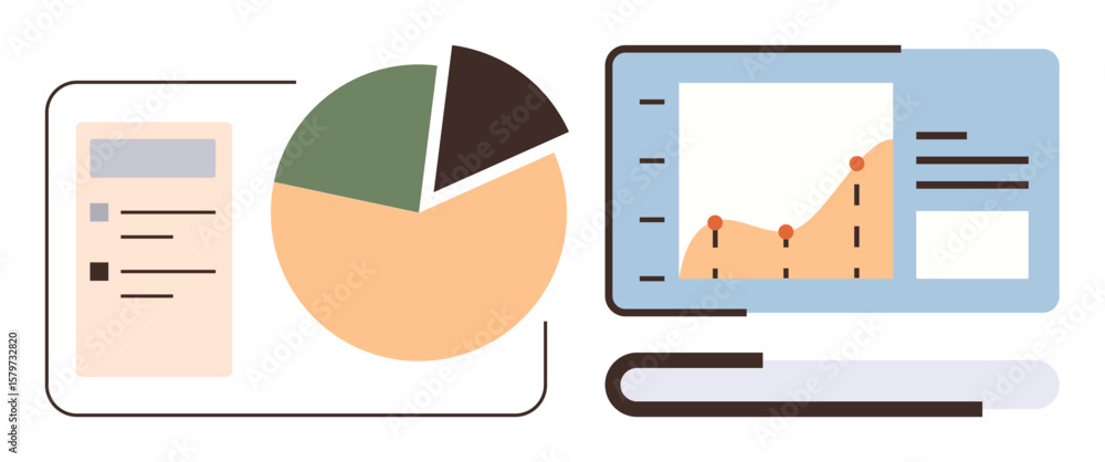Poster pie chart, line graph, and report interface showcasing data visualization, analytics, and tracking p