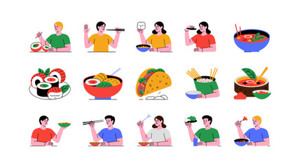 Fototapeta premium Diverse group of people enjoying international cuisine with various dishes and dining experiences featuring sushi, tacos, and noodle bowls