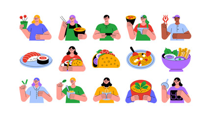 Diverse people enjoying various cuisines and culinary experiences in a vibrant illustration style