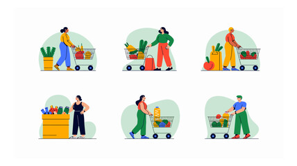 Diverse shoppers with grocery carts purchasing fresh produce and household items in a modern supermarket illustration