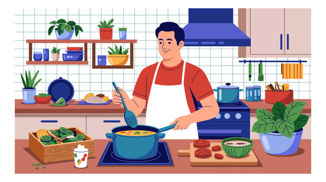 Man cooking soup in a bright kitchen with vegetables and plants in a home setting, adding ingredients with a spoon and preparing a healthy meal
