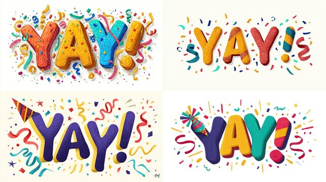 Festive "YAY!" texts adorn a bright background amidst colorful confetti and streamers