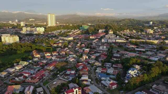 Aerial Footage of local lifestyle residential housing at Kota Kinabalu city, Sabah, Malaysia