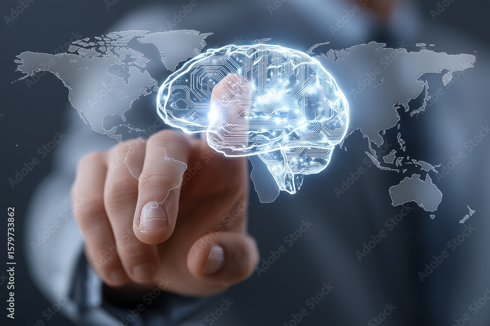 Aufkleber futuristic interface with human brain and touchscreen representing artificial intelligence, neural n