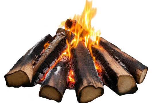 A realistic campfire with large burning logs, bright yellow-orange flames, and glowing embers at the base.