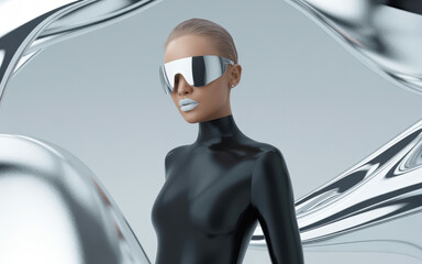 Futuristic Fashion Model in Shiny Black Bodysuit and Reflective Sunglasses Amidst Sleek Silver Curves