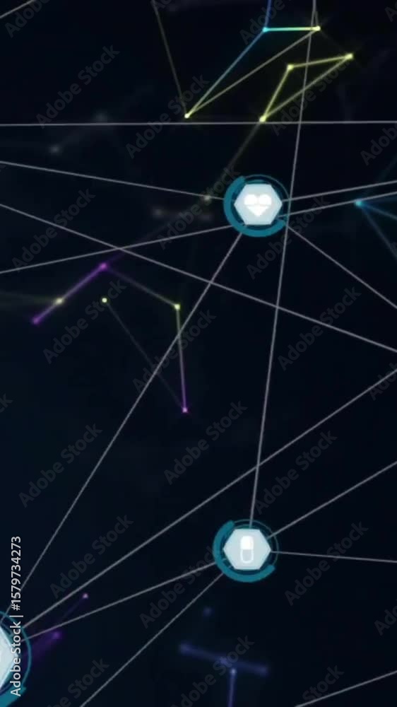 Aufkleber animation of network of connections with icons on black background