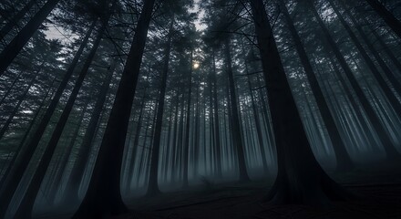 Low angle view of tall, dark pine trees in a dense forest with sunlight filtering through the canopy.