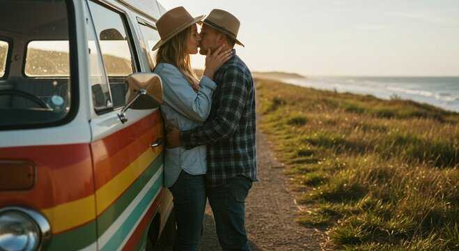 Couple kissing beside camper van by beach - Powered by Adobe