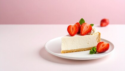 Strawberry cake slice on white plate, minimalist and elegant presentation for bakery branding, menu design, or food product packaging