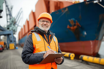 Smiling Port Worker in Safety Gear Standing in Front of Cargo Ship Representing International Trade and Maritime Logistics