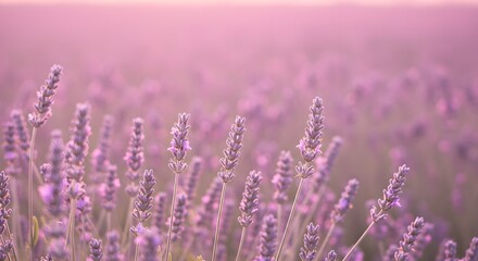 Obraz premium Close-up view of a vast lavender field bathed in soft, diffused sunlight, creating a serene and tranquil atmosphere.