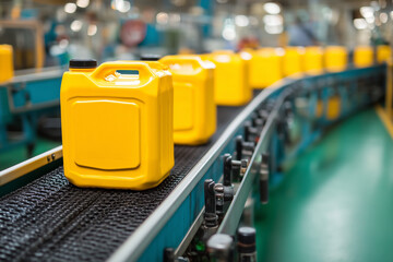 Fototapeta premium Yellow Plastic Containers on Conveyor Belt in Factory Representing Mass Production and Industrial Packaging Process