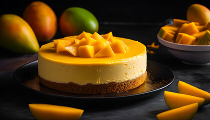 Delicious mango cake on a black background with ingredients around.