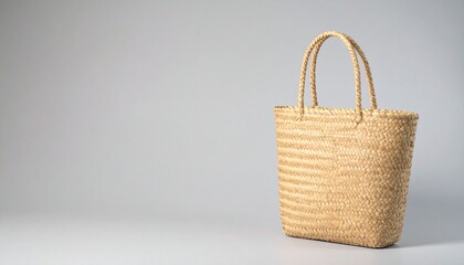 マット調の砂色からライトグレーのグラデーション背景に、右下に影を感じさせる一つのストローバッグが静かに佇むミニマルなイメージ

