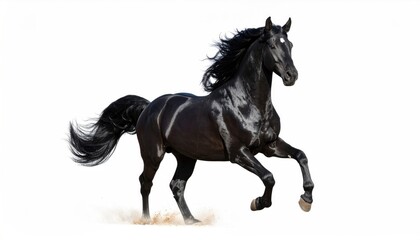 Powerful black horse in motion against white background