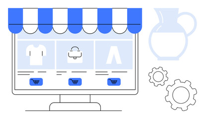 Digital screen with a striped storefront awning displays online product listings, including apparel and accessories. Ideal for e-commerce, retail, shopping, marketing, business growth, web design