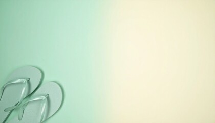 ミュートトーンのミントグリーンとアイボリーのグラデーションに、左下隅に配されたシンプルなビーチサンダルが夏の涼しげな印象を与える

