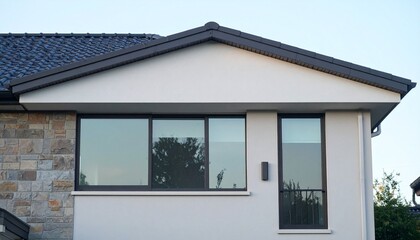 フラット屋根と大きなガラスパネルを備えた現代的な平屋住宅。ベージュと石材の外観が柔らかな日差しの下で調和する洗練された建築デザイン

