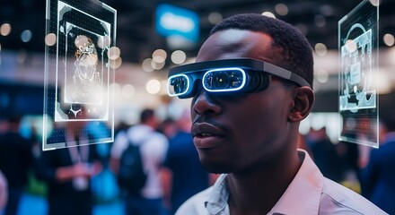 A man wearing futuristic glasses with holographic displays overlayed in a busy convention hall.