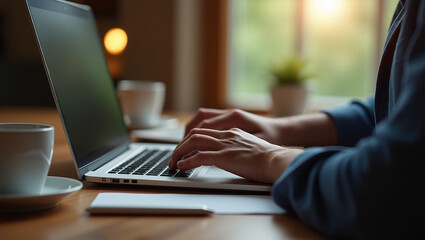 Fototapeta premium A person's hands are typing on a laptop keyboard with focus, indicating work, study, or digital communication activities.