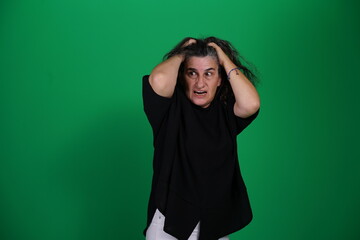 Unedited Portrait of Woman’s Face Expressing Various Emotions – Green Studio Background
